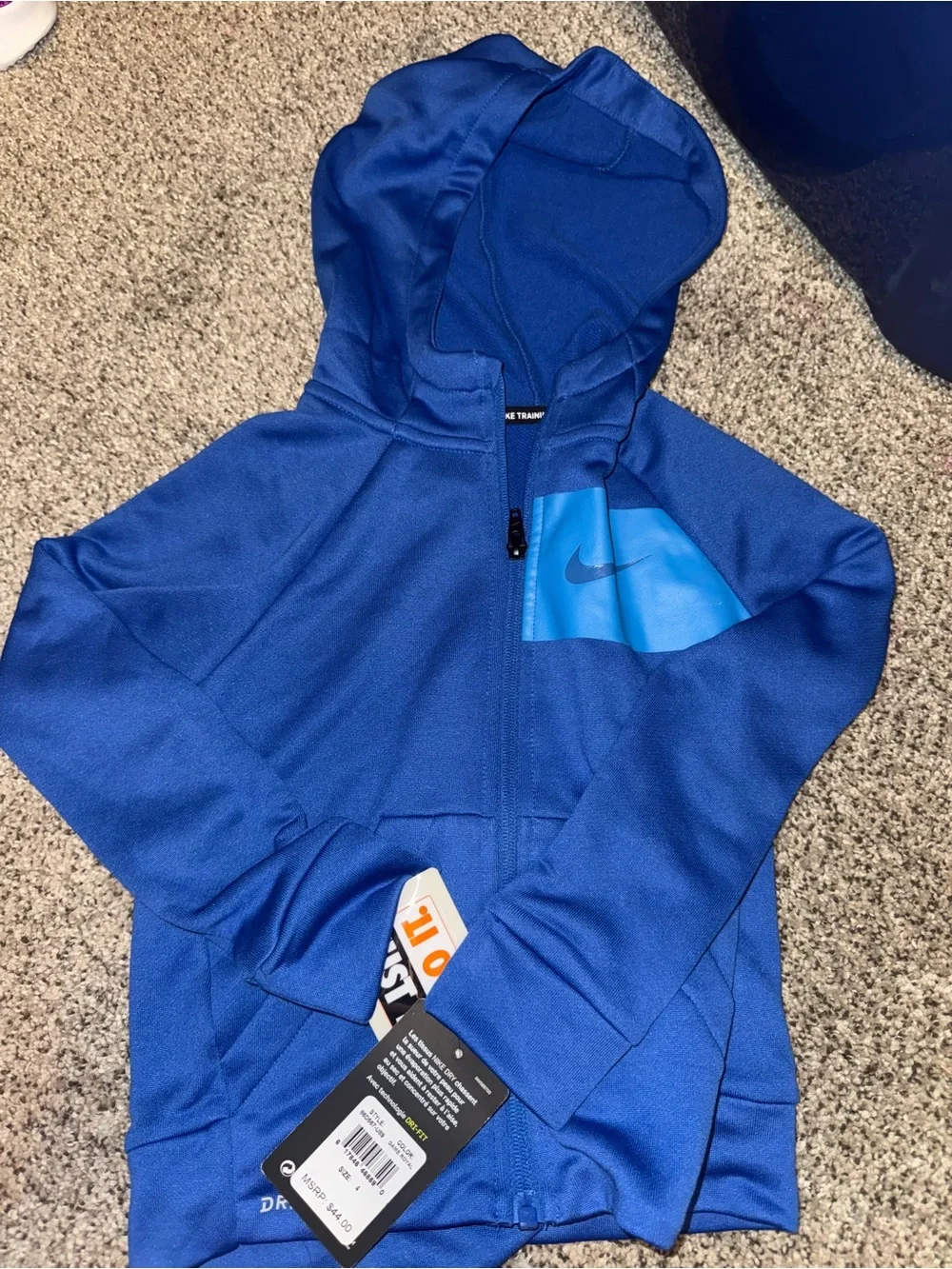 Nike Blue Kids Hooded Zip Sweatshirt with Light Blue Chest Panel